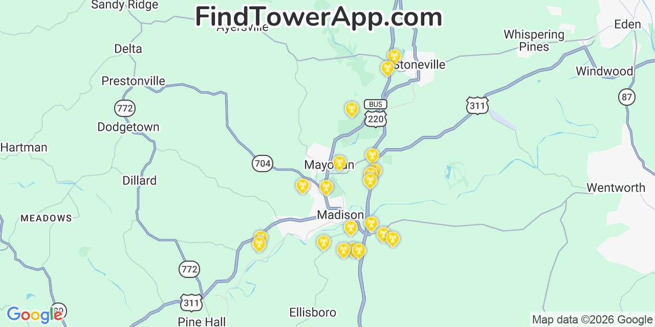 Map showing the 20 primary cell tower locations detected in Mayodan, North Carolina from AT&T, Verizon, and T-Mobile networks