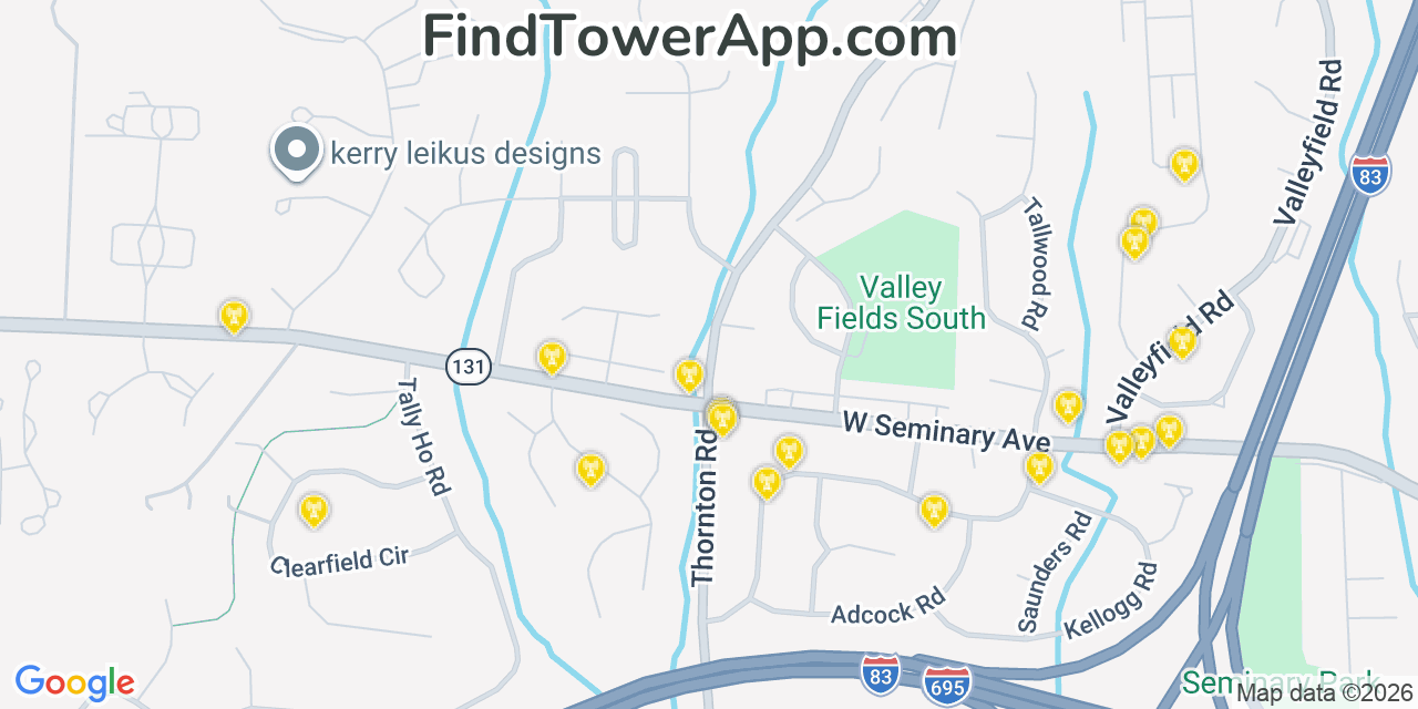 Map showing the 20 primary cell tower locations detected in Mays Chapel, Maryland from AT&T, Verizon, and T-Mobile networks