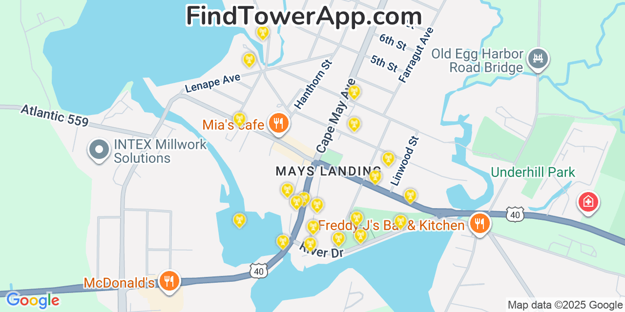 Map showing the 20 primary cell tower locations detected in Mays Landing, New Jersey from AT&T, Verizon, and T-Mobile networks