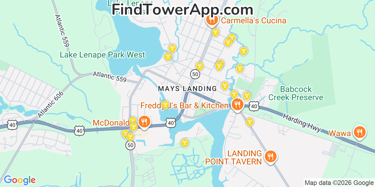 Map showing the 20 primary cell tower locations detected in Mays Landing, New Jersey from AT&T, Verizon, and T-Mobile networks