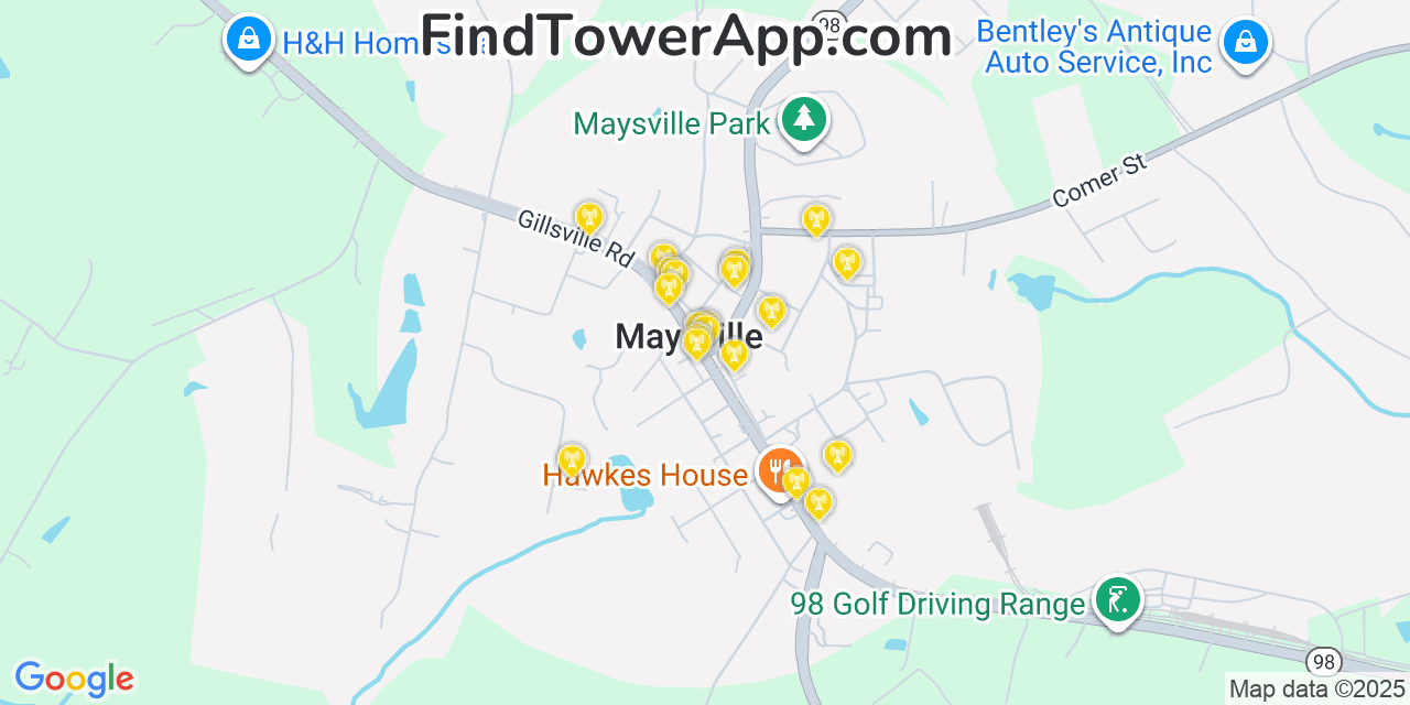 Map showing the 20 primary cell tower locations detected in Maysville, Georgia from AT&T, Verizon, and T-Mobile networks