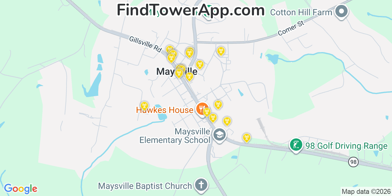 Map showing the 20 primary cell tower locations detected in Maysville, Georgia from AT&T, Verizon, and T-Mobile networks