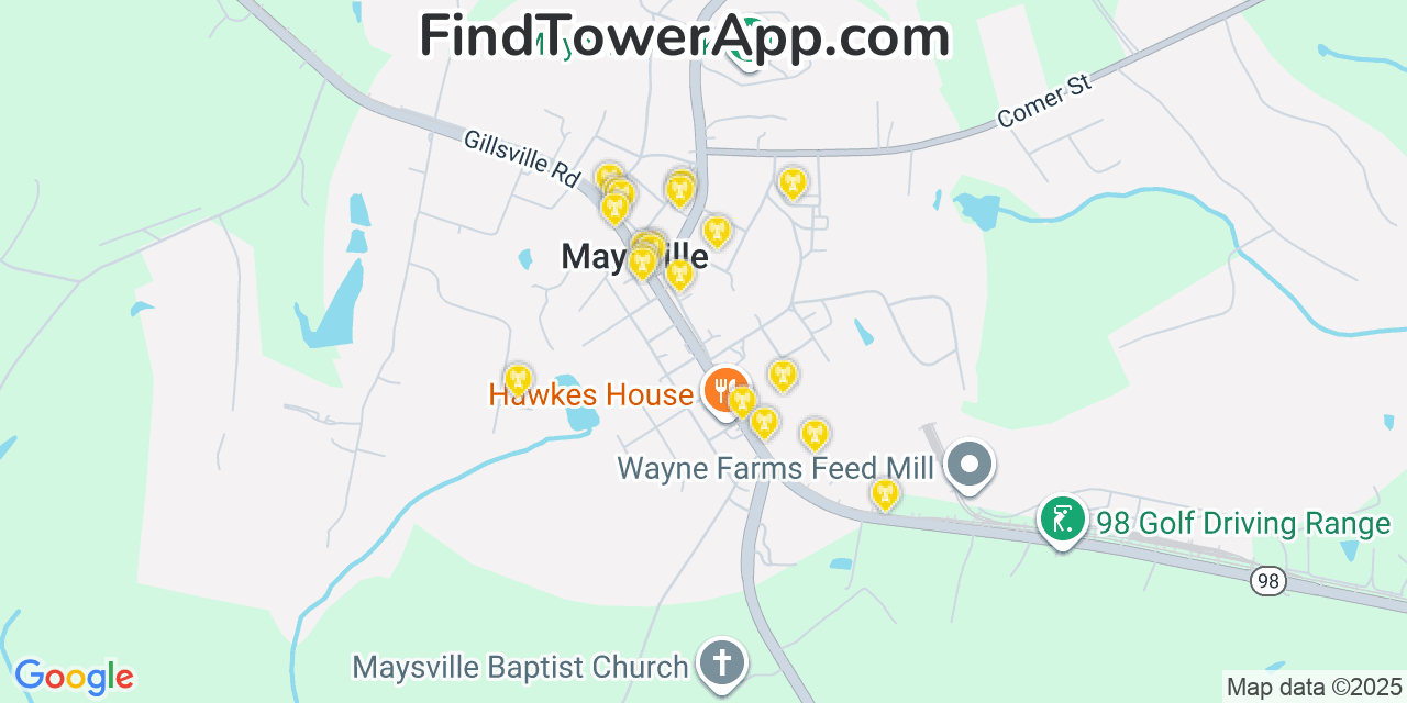 Map showing the 20 primary Mobitel cell tower locations detected in Maysville, Georgia with coverage radius and signal strength indicators