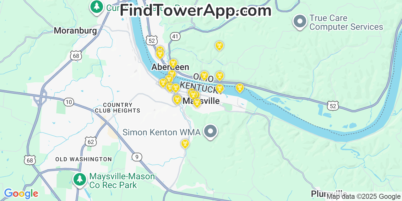 Map showing the 20 primary cell tower locations detected in Maysville, Kentucky from AT&T, Verizon, and T-Mobile networks
