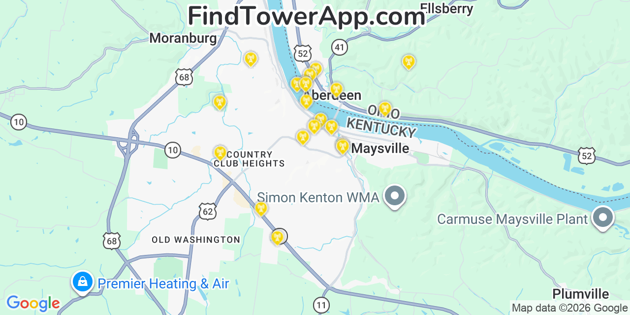 Map showing the 20 primary cell tower locations detected in Maysville, Kentucky from AT&T, Verizon, and T-Mobile networks