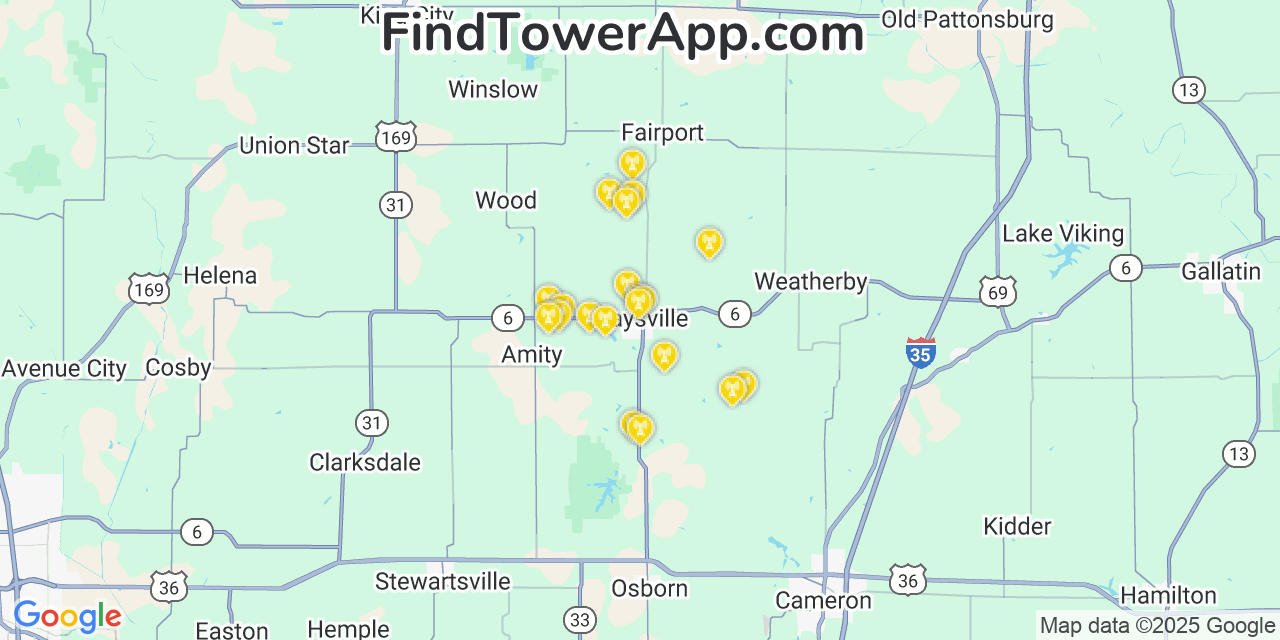 Map showing the 20 primary cell tower locations detected in Maysville, Missouri from AT&T, Verizon, and T-Mobile networks