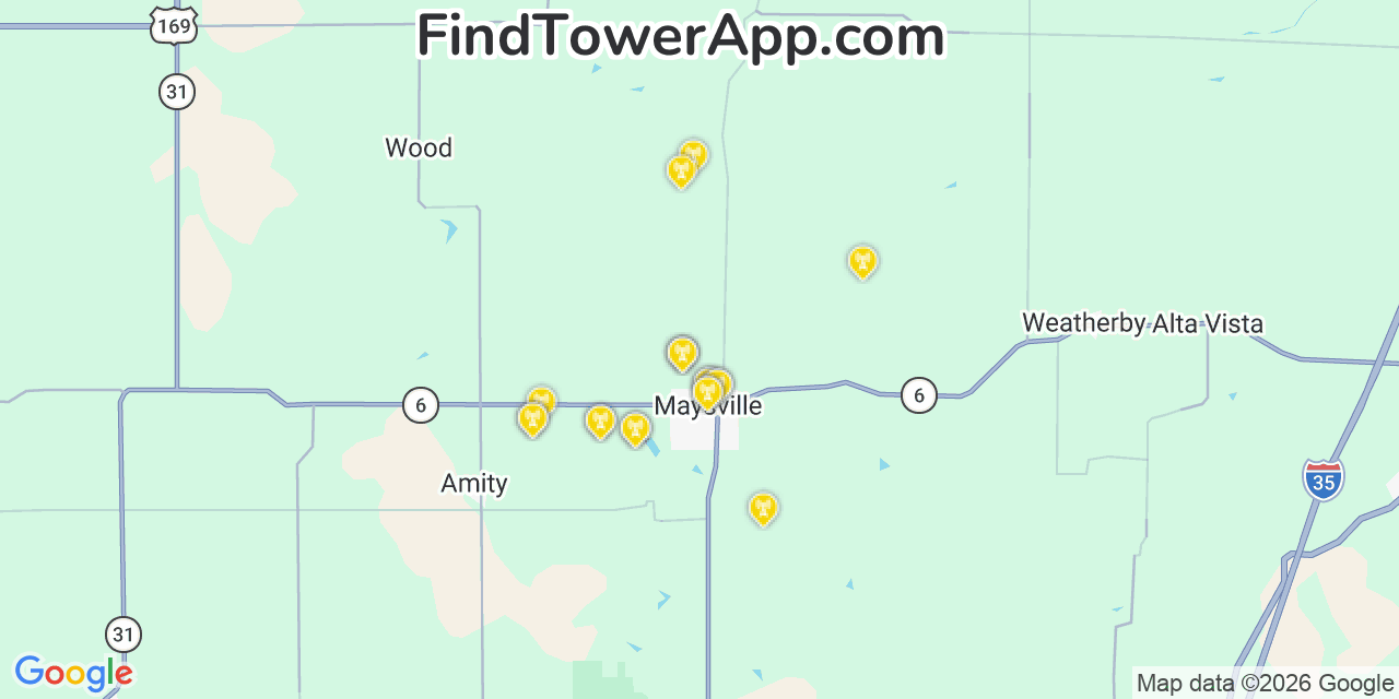 Map showing the 20 primary cell tower locations detected in Maysville, Missouri from AT&T, Verizon, and T-Mobile networks