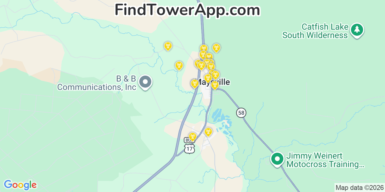 Map showing the 20 primary cell tower locations detected in Maysville, North Carolina from AT&T, Verizon, and T-Mobile networks