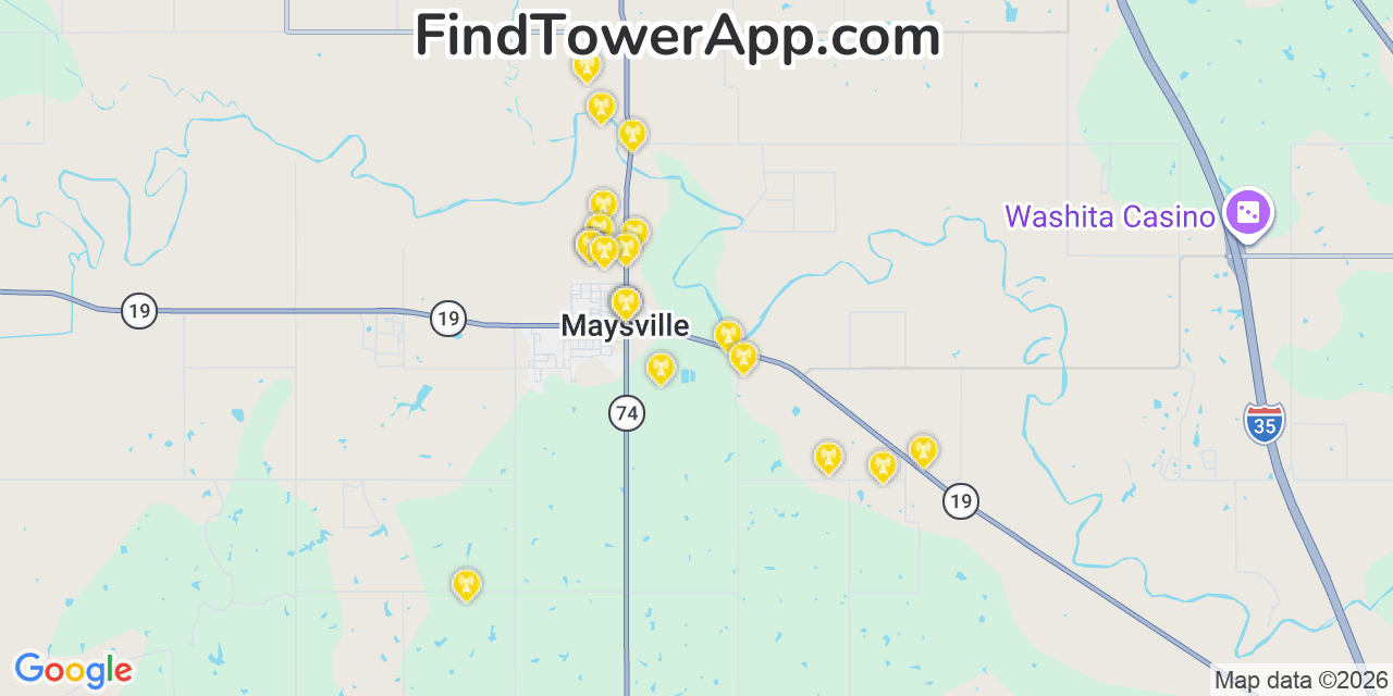 Map showing the 20 primary cell tower locations detected in Maysville, Oklahoma from AT&T, Verizon, and T-Mobile networks