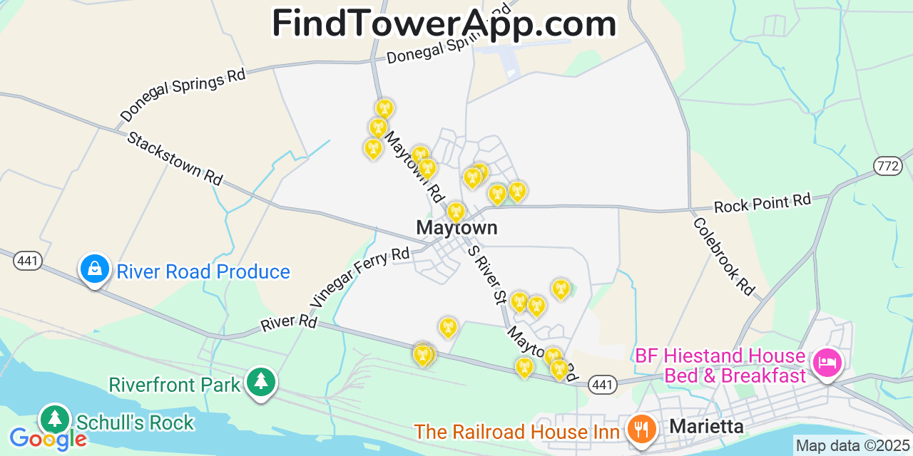 Map showing the 20 primary cell tower locations detected in Maytown, Pennsylvania from AT&T, Verizon, and T-Mobile networks