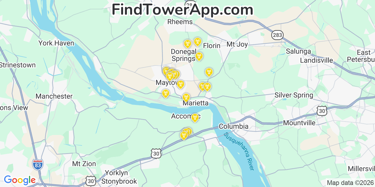 Map showing the 20 primary cell tower locations detected in Maytown, Pennsylvania from AT&T, Verizon, and T-Mobile networks