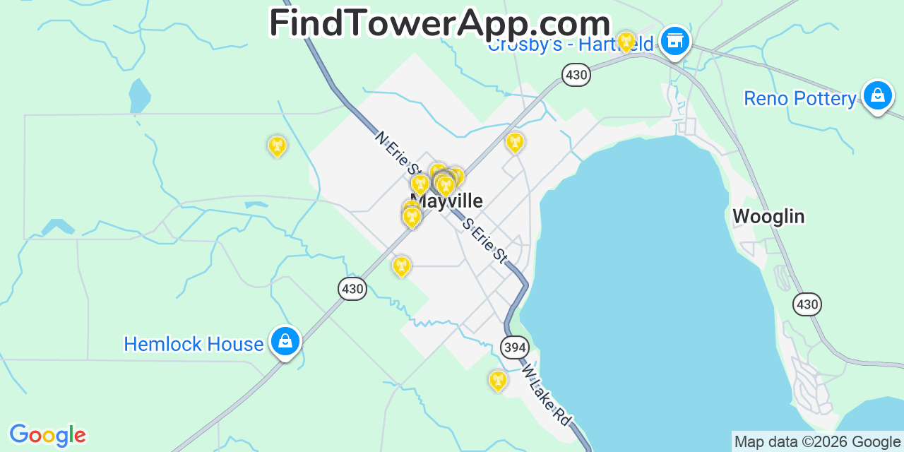 Map showing the 20 primary cell tower locations detected in Mayville, New York from AT&T, Verizon, and T-Mobile networks