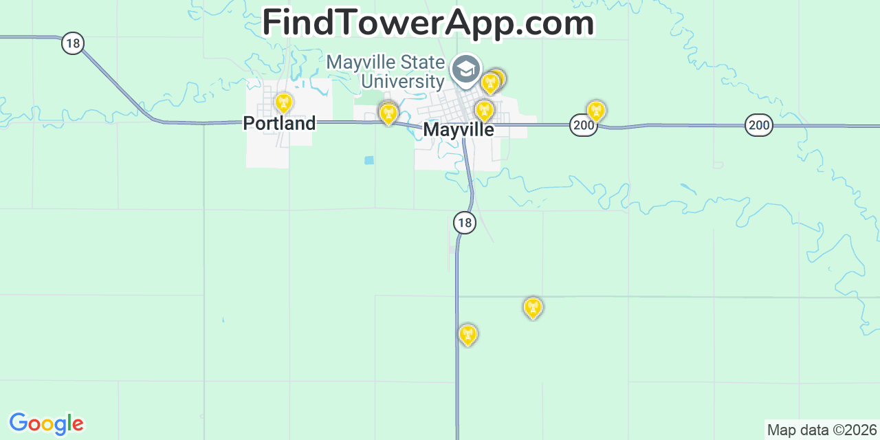 Map showing the 20 primary cell tower locations detected in Mayville, North Dakota from AT&T, Verizon, and T-Mobile networks