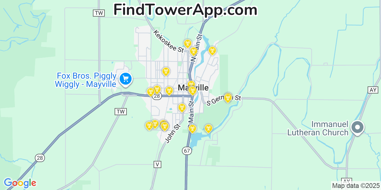 Map showing the 20 primary cell tower locations detected in Mayville, Wisconsin from AT&T, Verizon, and T-Mobile networks
