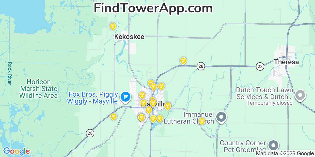 Map showing the 20 primary cell tower locations detected in Mayville, Wisconsin from AT&T, Verizon, and T-Mobile networks