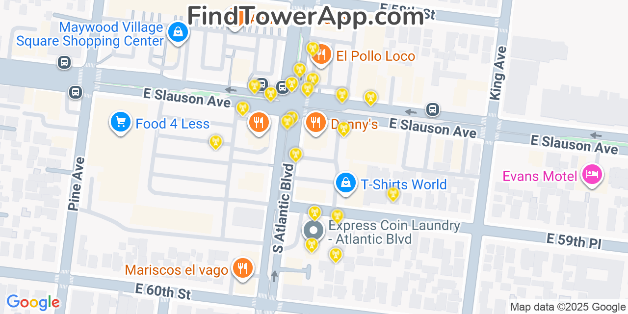 Map showing the 20 primary cell tower locations detected in Maywood, California from AT&T, Verizon, and T-Mobile networks