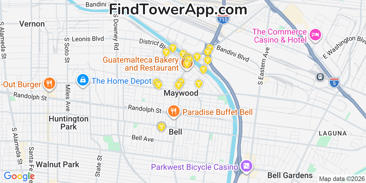 Map showing the 20 primary cell tower locations detected in Maywood, California from AT&T, Verizon, and T-Mobile networks