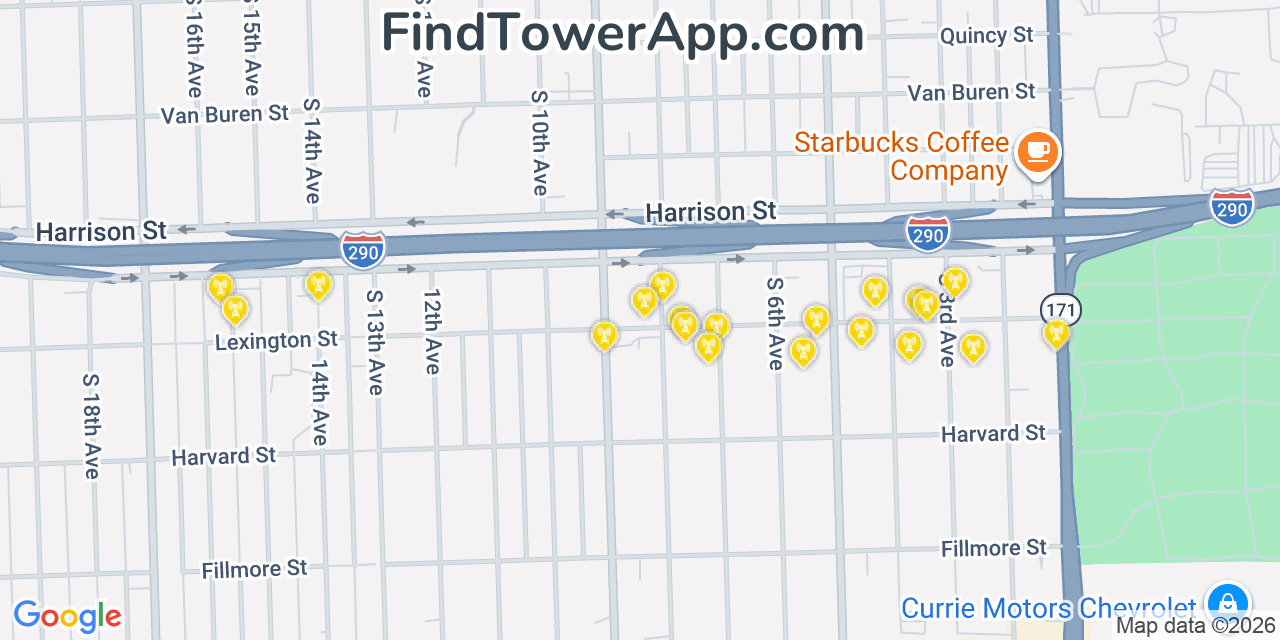 Map showing the 20 primary cell tower locations detected in Maywood, Illinois from AT&T, Verizon, and T-Mobile networks