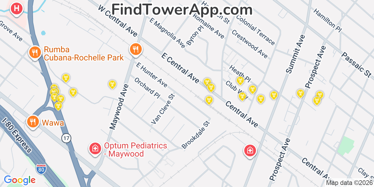 Map showing the 20 primary cell tower locations detected in Maywood, New Jersey from AT&T, Verizon, and T-Mobile networks