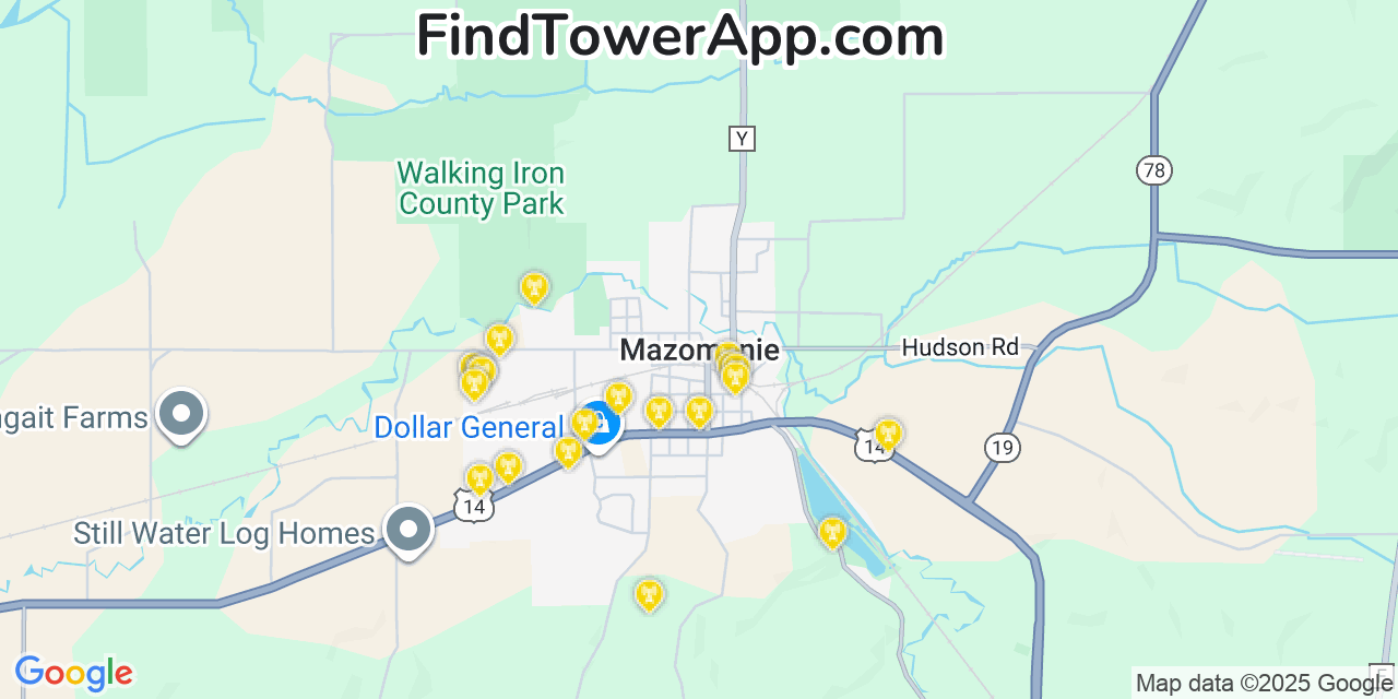 Map showing the 20 primary cell tower locations detected in Mazomanie, Wisconsin from AT&T, Verizon, and T-Mobile networks