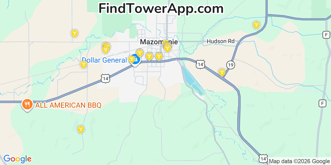 Map showing the 20 primary cell tower locations detected in Mazomanie, Wisconsin from AT&T, Verizon, and T-Mobile networks