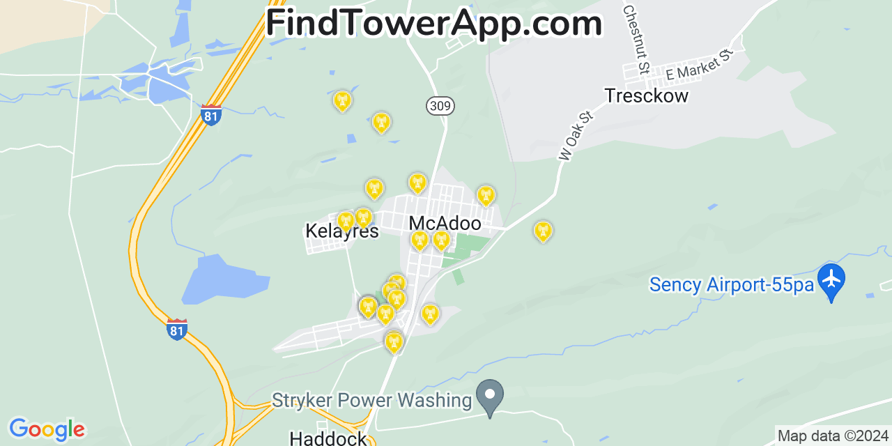 AT&T 4G/5G cell tower coverage map McAdoo, Pennsylvania