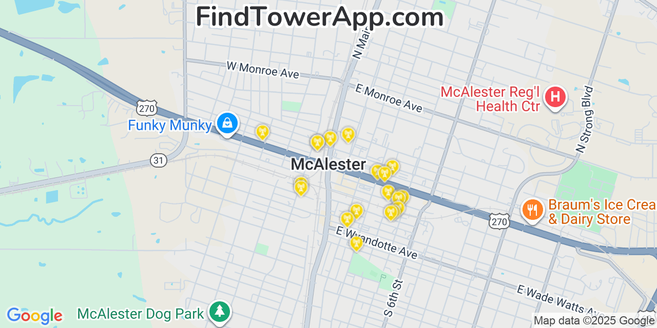 Map showing the 20 primary cell tower locations detected in McAlester, Oklahoma from AT&T, Verizon, and T-Mobile networks