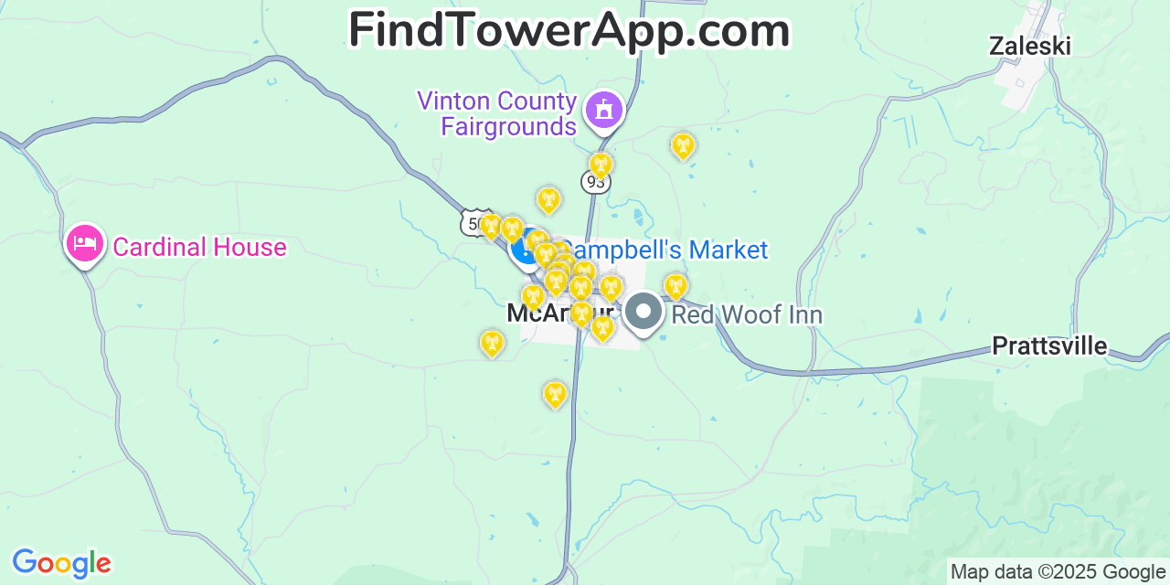 Map showing the 20 primary cell tower locations detected in McArthur, Ohio from AT&T, Verizon, and T-Mobile networks