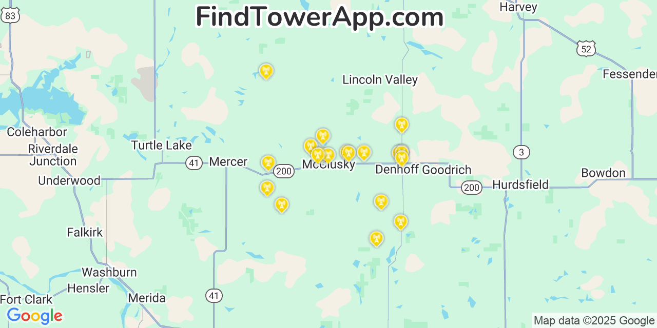 Map showing the 20 primary cell tower locations detected in McClusky, North Dakota from AT&T, Verizon, and T-Mobile networks