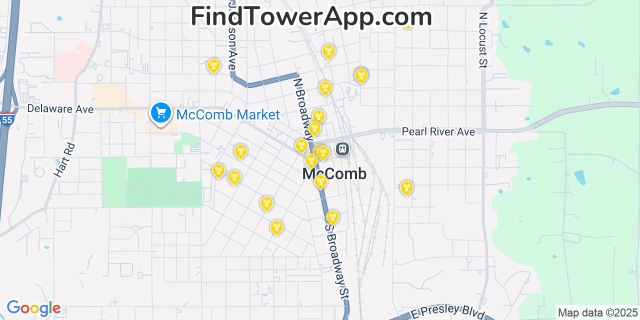 Map showing the 20 primary cell tower locations detected in McComb, Mississippi from AT&T, Verizon, and T-Mobile networks