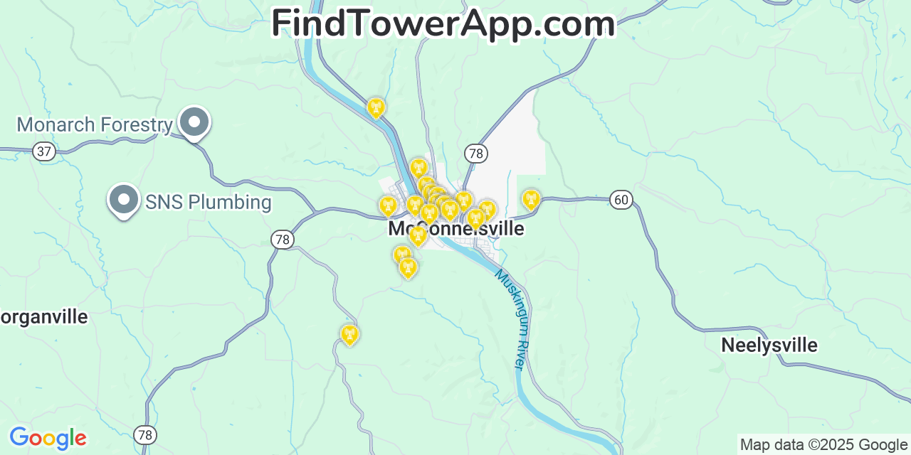 Map showing the 20 primary cell tower locations detected in McConnelsville, Ohio from AT&T, Verizon, and T-Mobile networks