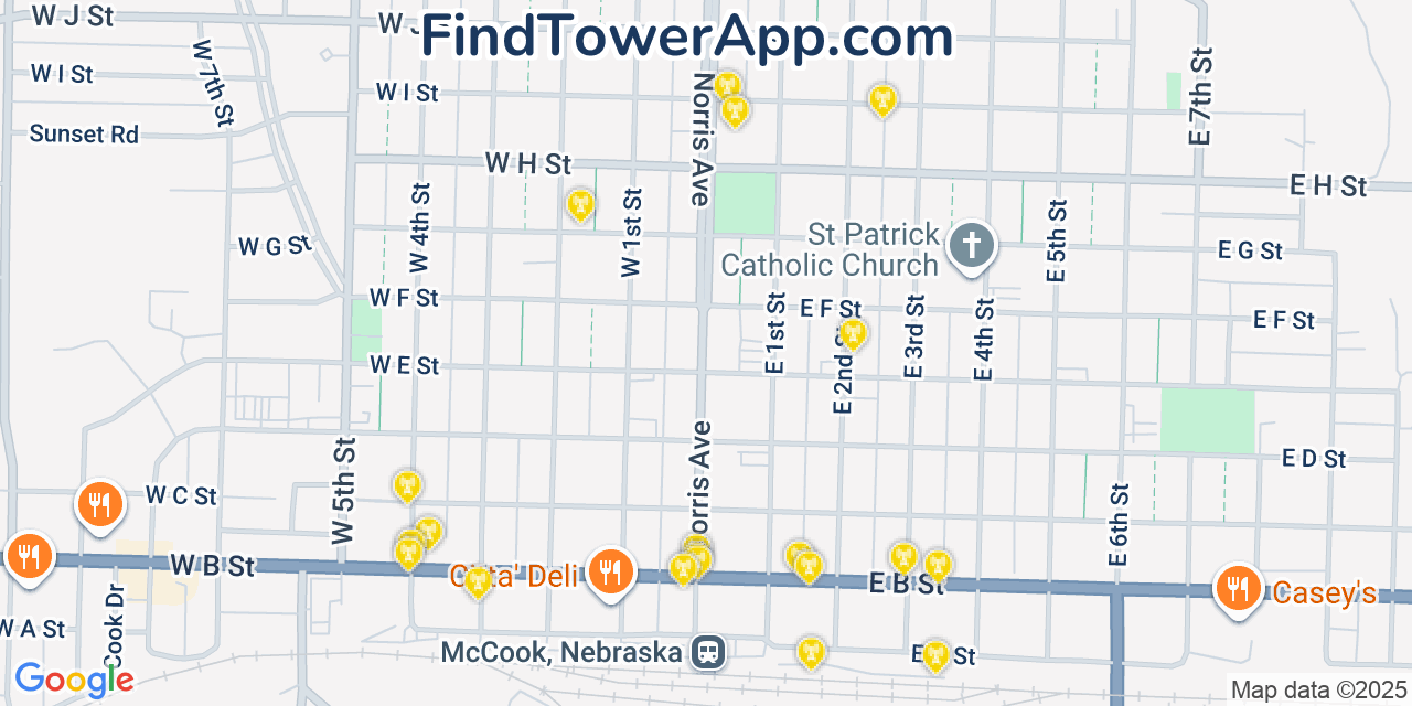Map showing the 20 primary cell tower locations detected in McCook, Nebraska from AT&T, Verizon, and T-Mobile networks