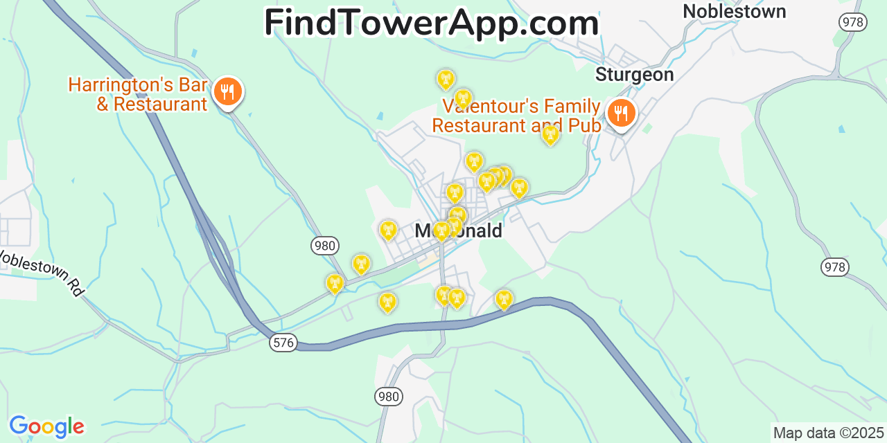 Map showing the 20 primary cell tower locations detected in McDonald, Pennsylvania from AT&T, Verizon, and T-Mobile networks