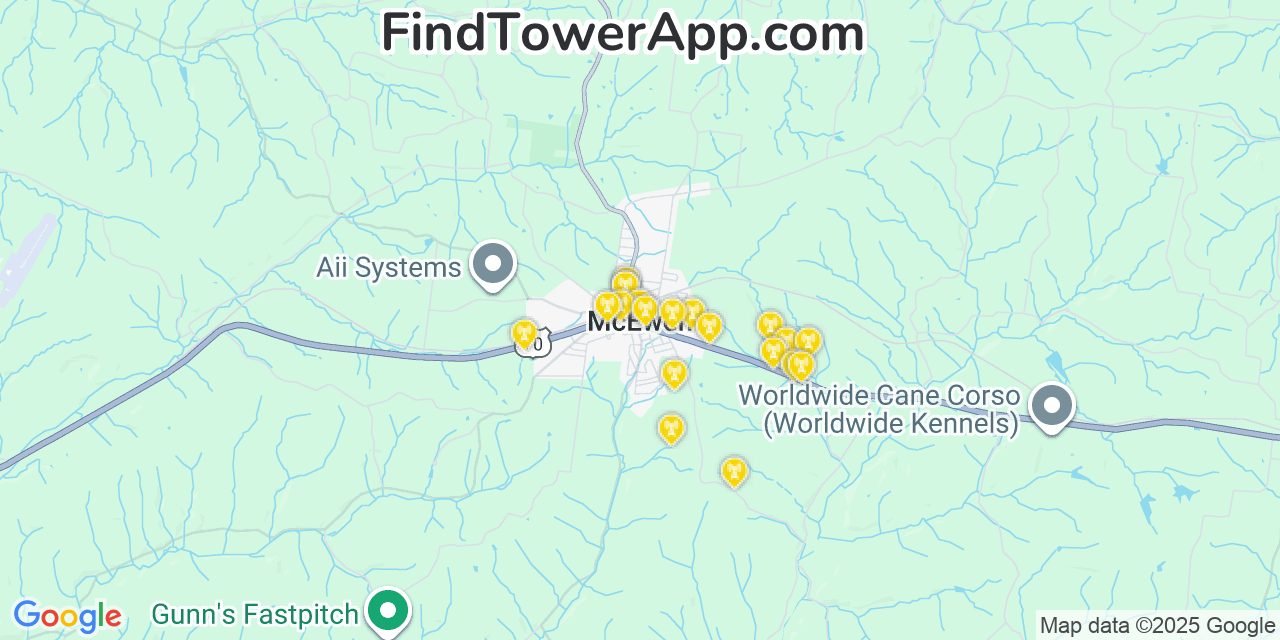 Map showing the 20 primary cell tower locations detected in McEwen, Tennessee from AT&T, Verizon, and T-Mobile networks