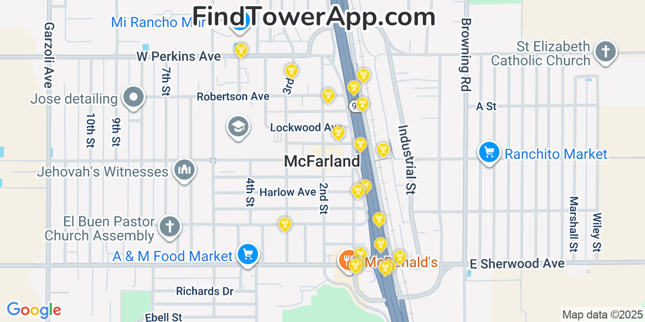 Map showing the 20 primary cell tower locations detected in McFarland, California from AT&T, Verizon, and T-Mobile networks