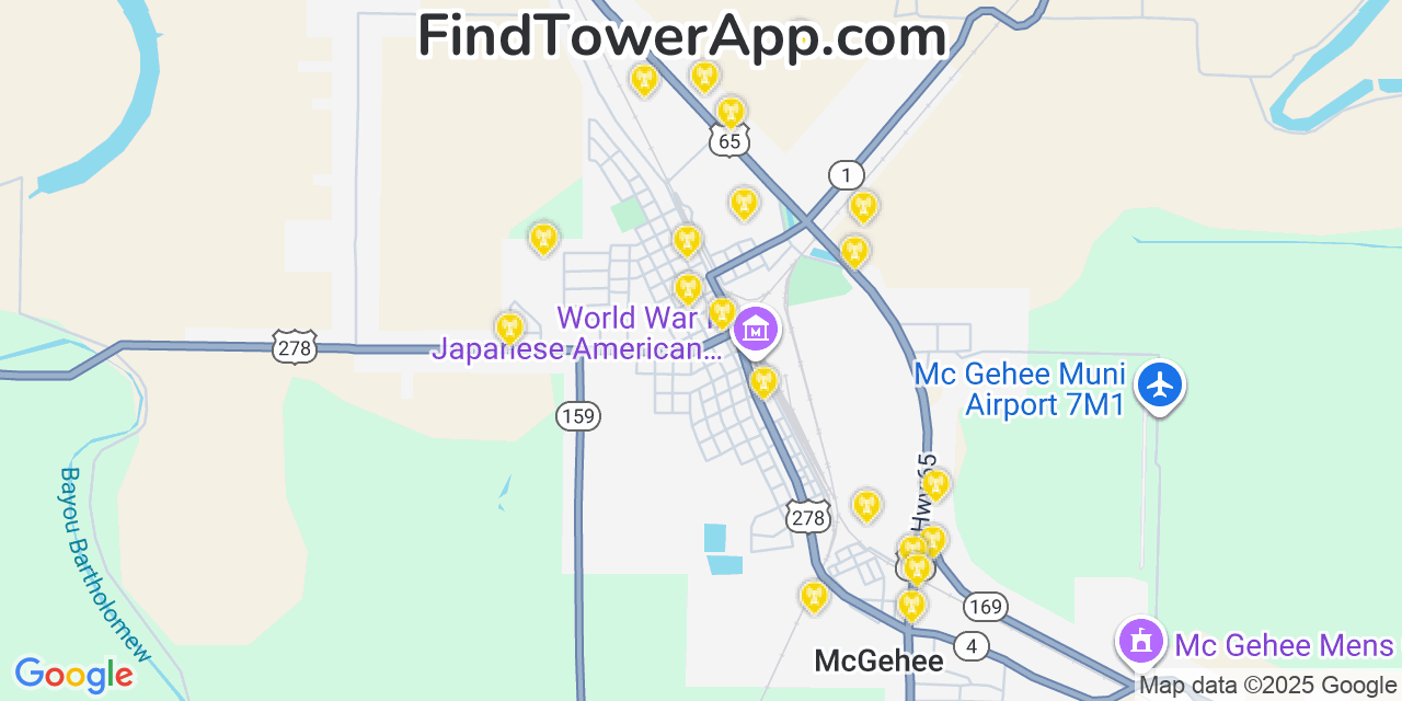 Map showing the 20 primary cell tower locations detected in McGehee, Arkansas from AT&T, Verizon, and T-Mobile networks