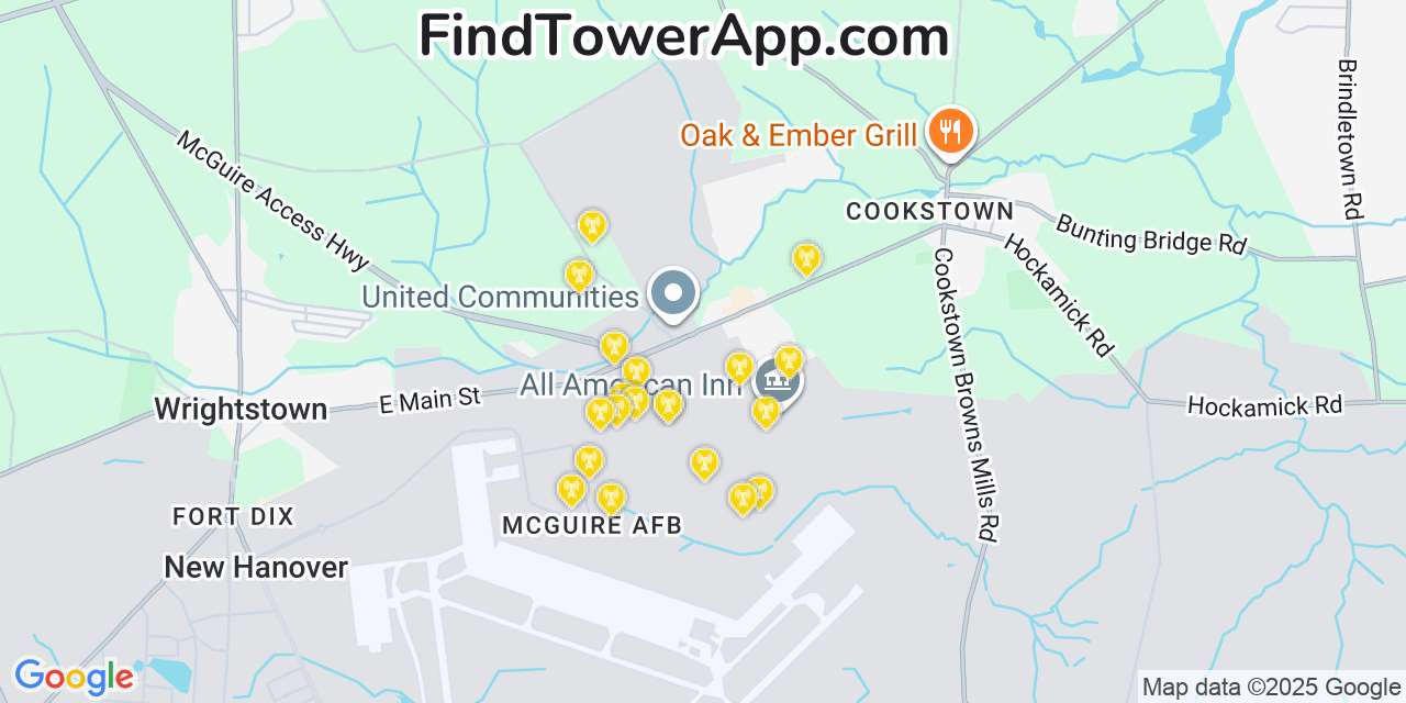 Map showing the 20 primary cell tower locations detected in McGuire AFB, New Jersey from AT&T, Verizon, and T-Mobile networks