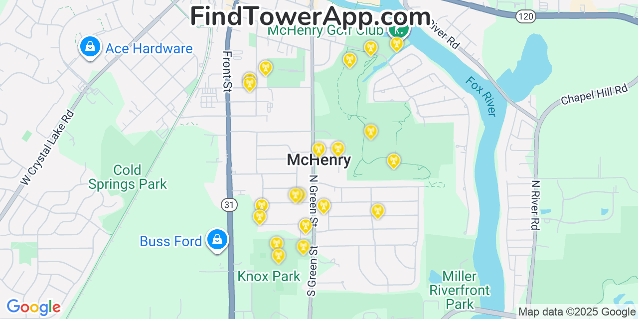 Map showing the 20 primary cell tower locations detected in McHenry, Illinois from AT&T, Verizon, and T-Mobile networks