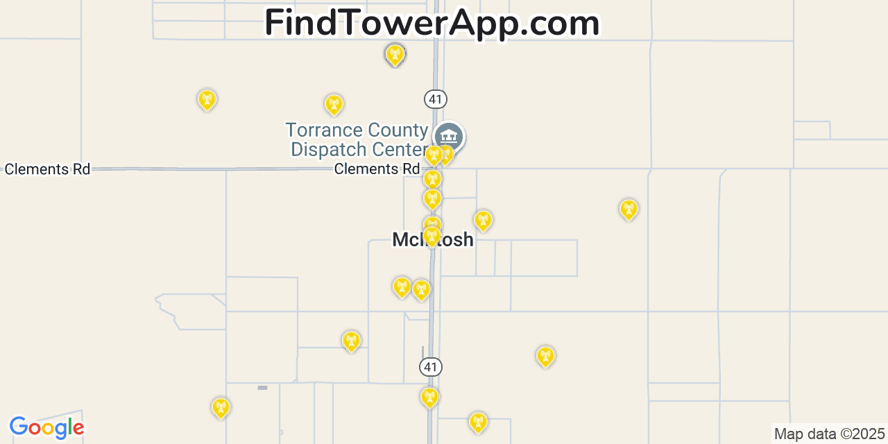 Map showing the 20 primary cell tower locations detected in McIntosh, New Mexico from AT&T, Verizon, and T-Mobile networks