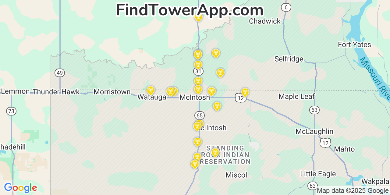Map showing the 20 primary cell tower locations detected in McIntosh, South Dakota from AT&T, Verizon, and T-Mobile networks