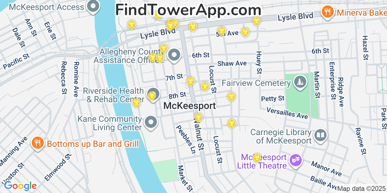 Map showing the 20 primary cell tower locations detected in McKeesport, Pennsylvania from AT&T, Verizon, and T-Mobile networks