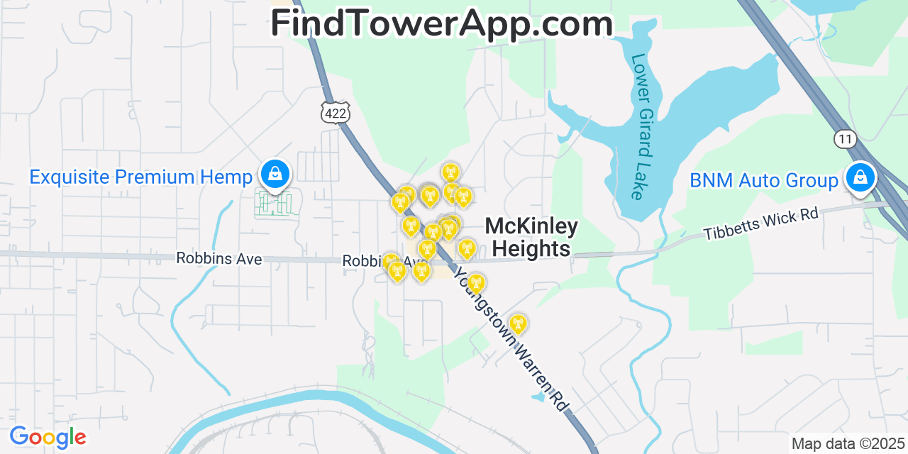 Map showing the 20 primary cell tower locations detected in McKinley Heights, Ohio from AT&T, Verizon, and T-Mobile networks