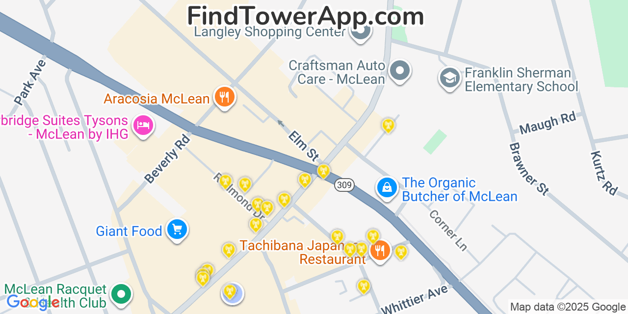 Map showing the 20 primary cell tower locations detected in McLean, Virginia from AT&T, Verizon, and T-Mobile networks