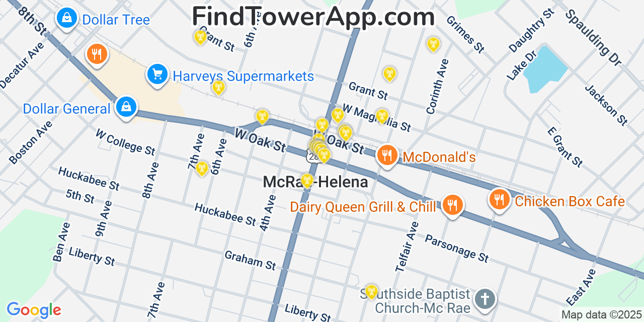 Map showing the 20 primary cell tower locations detected in McRae, Georgia from AT&T, Verizon, and T-Mobile networks