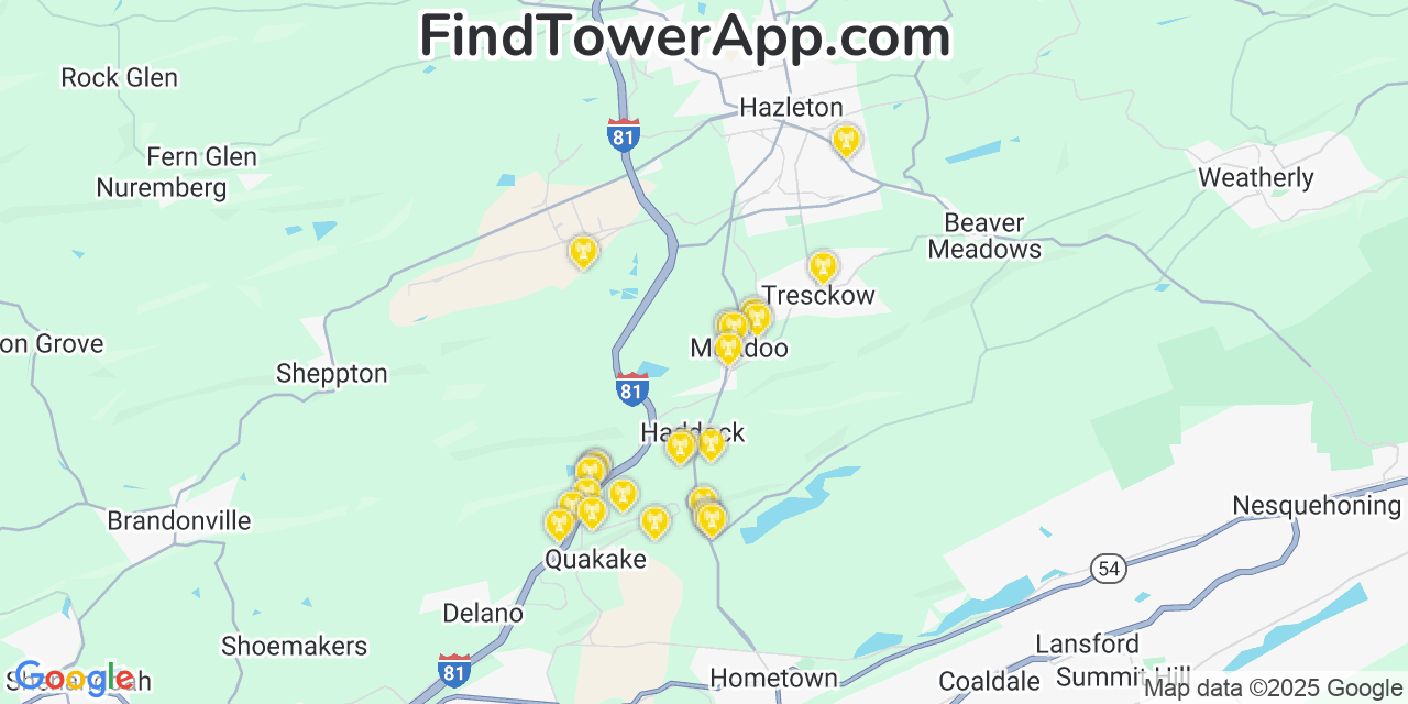 Map showing the 25 primary AT&T cell tower locations detected in Mcadoo, Pennsylvania with coverage radius and signal strength indicators