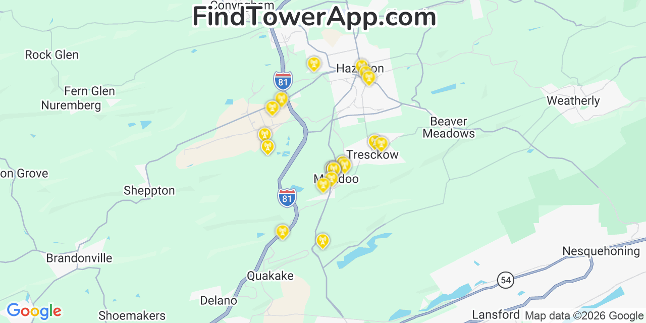 Map showing the 20 primary cell tower locations detected in Mcadoo, Pennsylvania from AT&T, Verizon, and T-Mobile networks