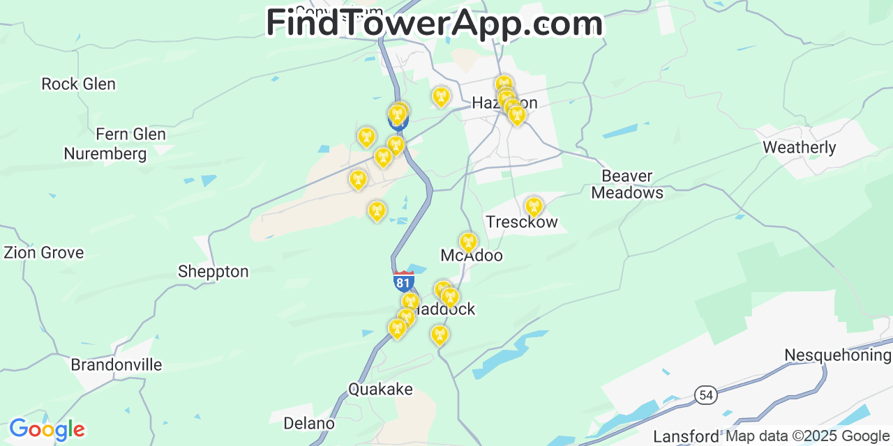 Map showing the 21 primary T-Mobile cell tower locations detected in Mcadoo, Pennsylvania with coverage radius and signal strength indicators