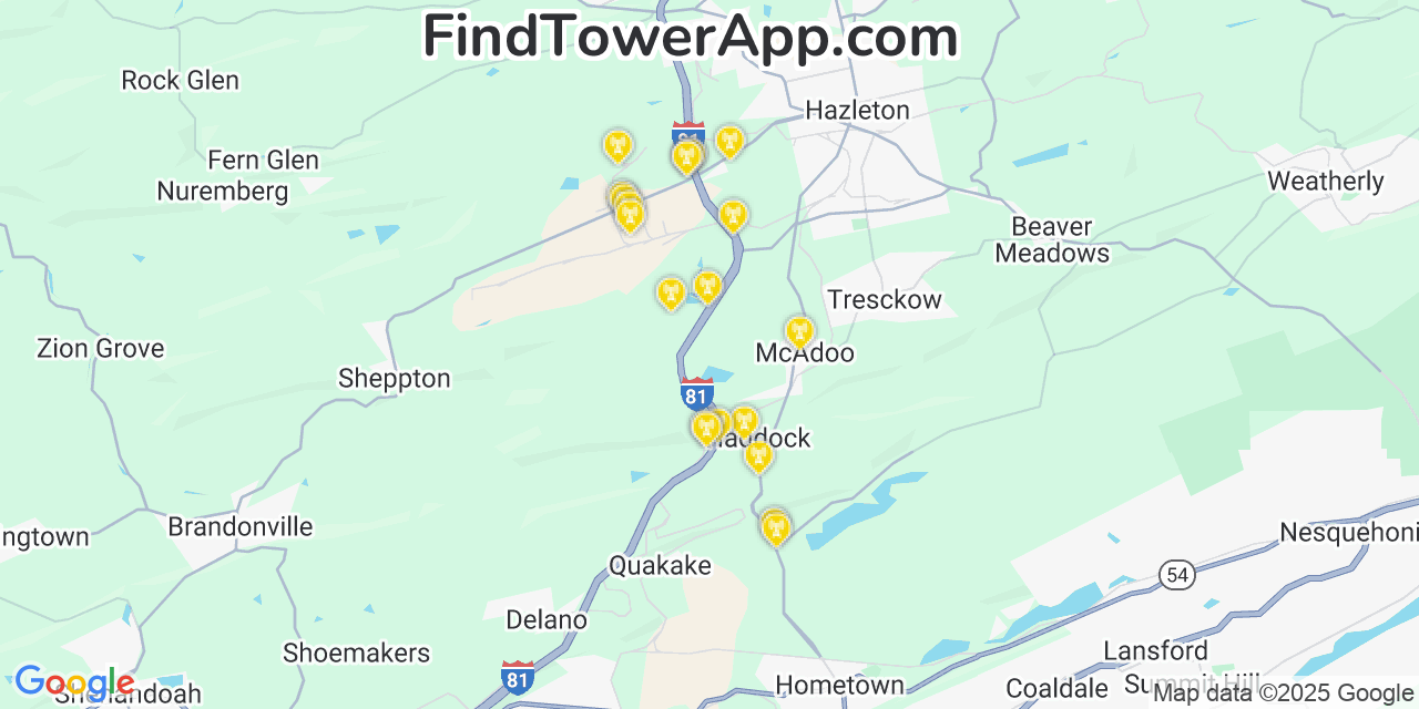 Map showing the 21 primary Verizon cell tower locations detected in Mcadoo, Pennsylvania with coverage radius and signal strength indicators
