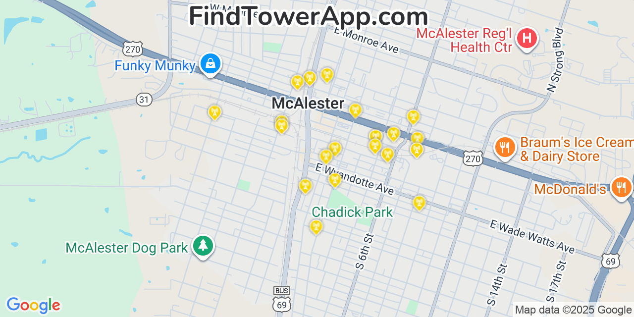 Map showing the 20 primary AT&T cell tower locations detected in Mcalester, Oklahoma with coverage radius and signal strength indicators