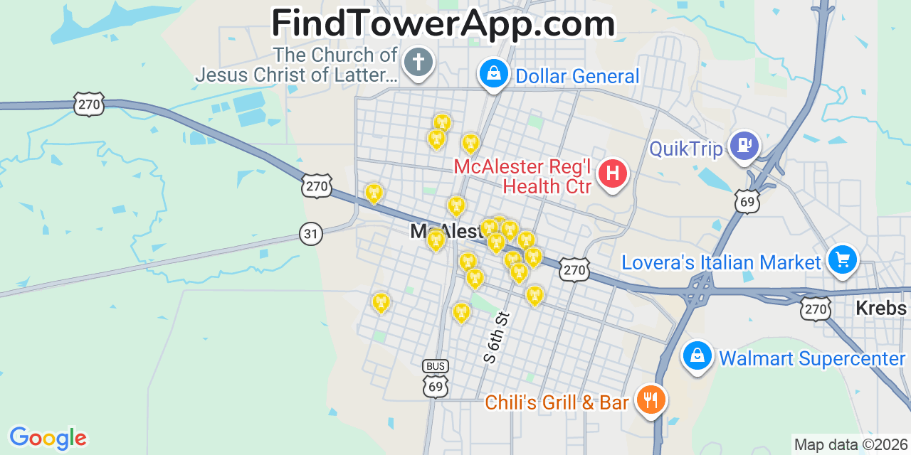 Map showing the 20 primary cell tower locations detected in Mcalester, Oklahoma from AT&T, Verizon, and T-Mobile networks